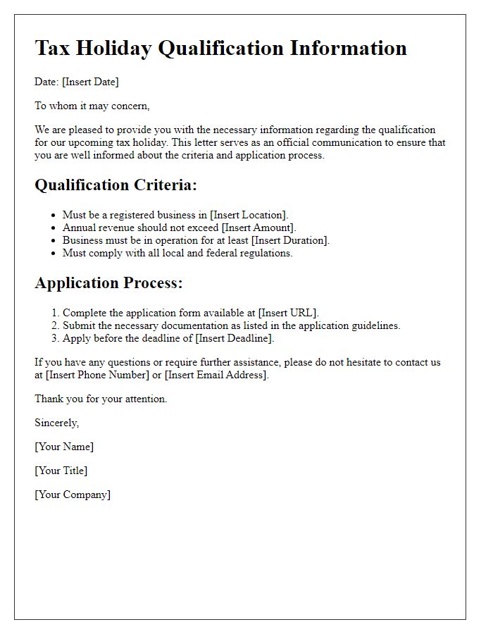 Letter template of Tax Holiday Qualification Information