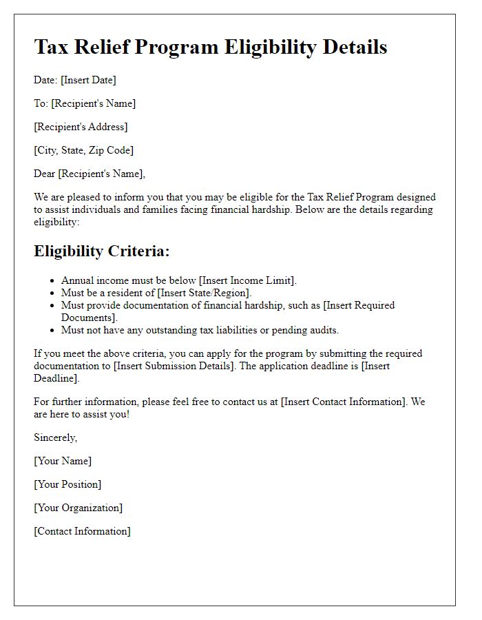 Letter template of Tax Relief Program Eligibility Details