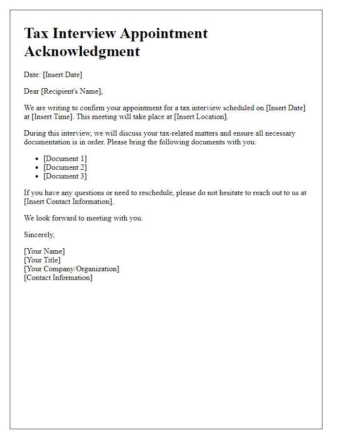 Letter template of acknowledgment for tax interview appointment