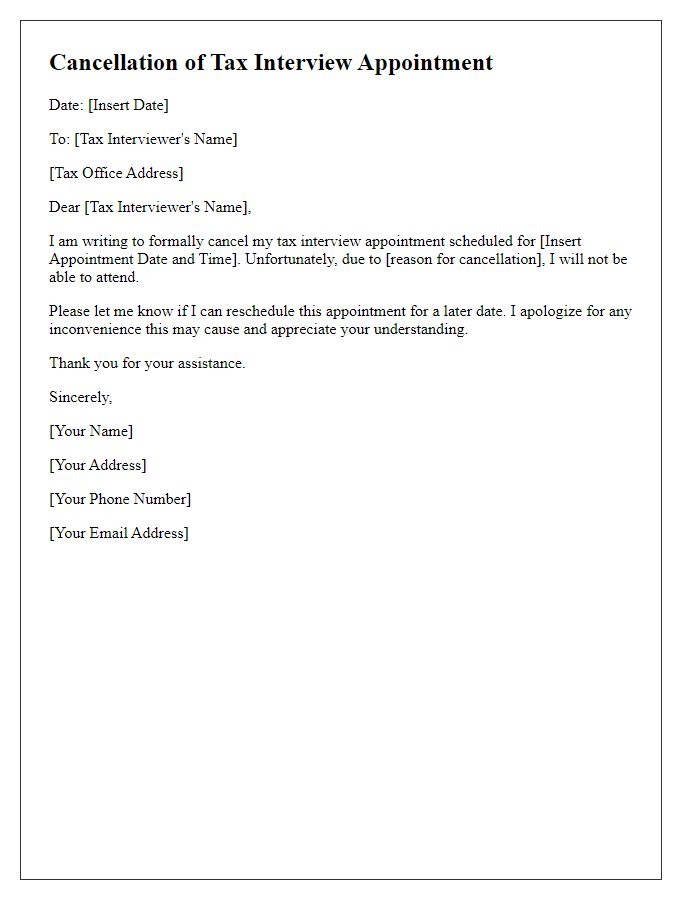 Letter template of cancellation for tax interview appointment