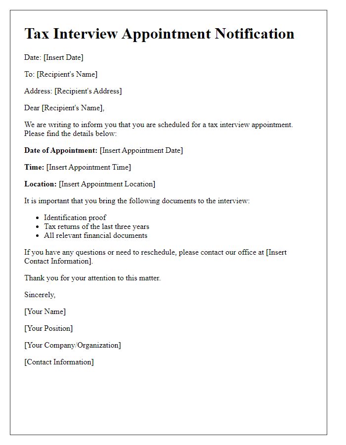 Letter template of notification for tax interview appointment