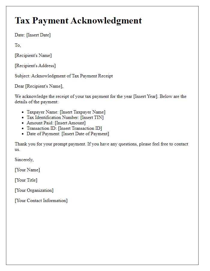 Letter template of acknowledgment for tax payment receipt issued.