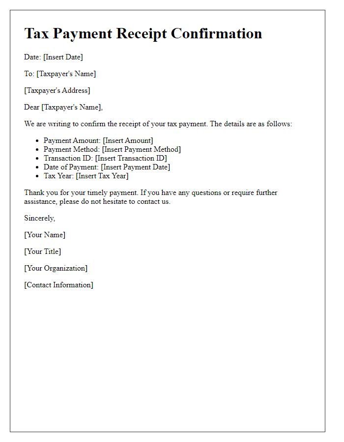 Letter template of confirmation for tax payment receipt.