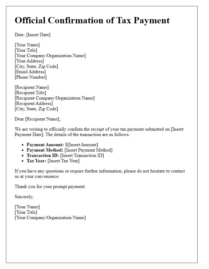 Letter template of official confirmation for submitted tax payment.