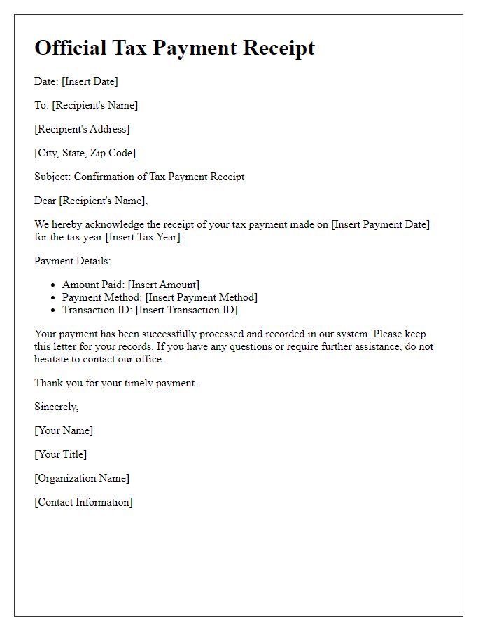 Letter template of official notice confirming tax payment receipt.