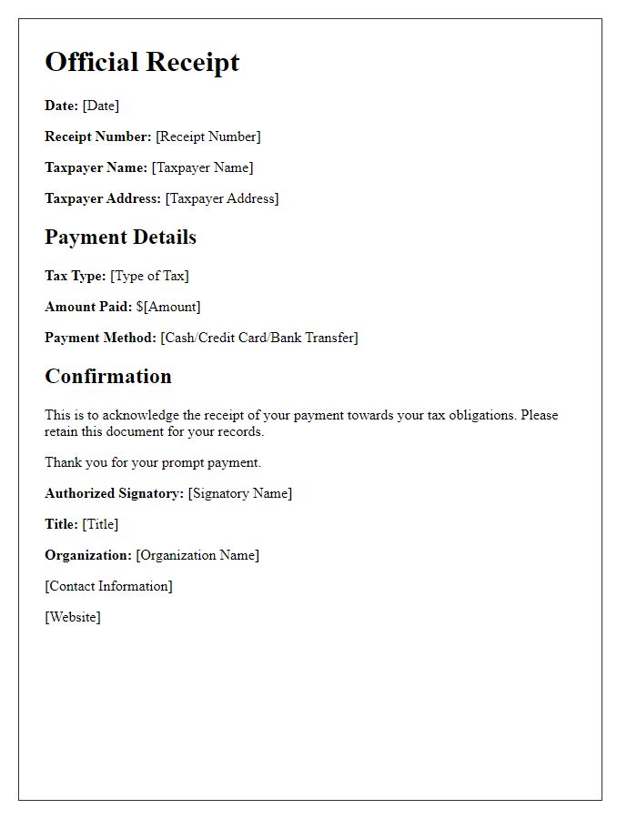 Letter template of official receipt for tax payment confirmation.