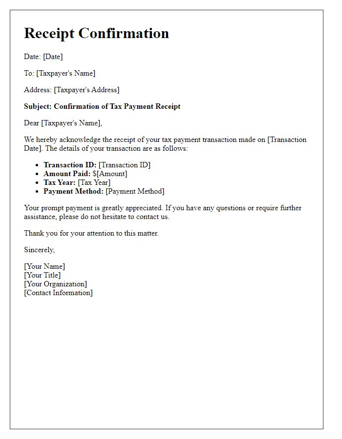 Letter template of receipt confirmation for tax payment transaction.