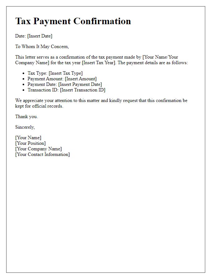 Letter template of tax payment confirmation for official records.