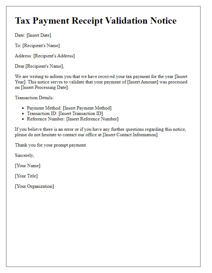 Letter template of tax payment receipt validation notice.