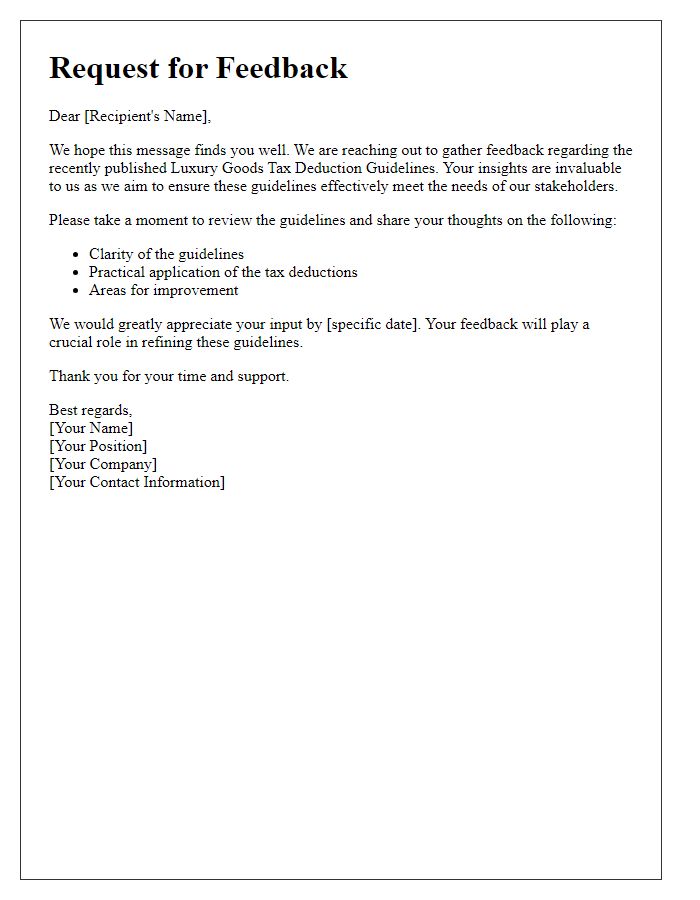 Letter template of feedback request on luxury goods tax deduction guidelines.