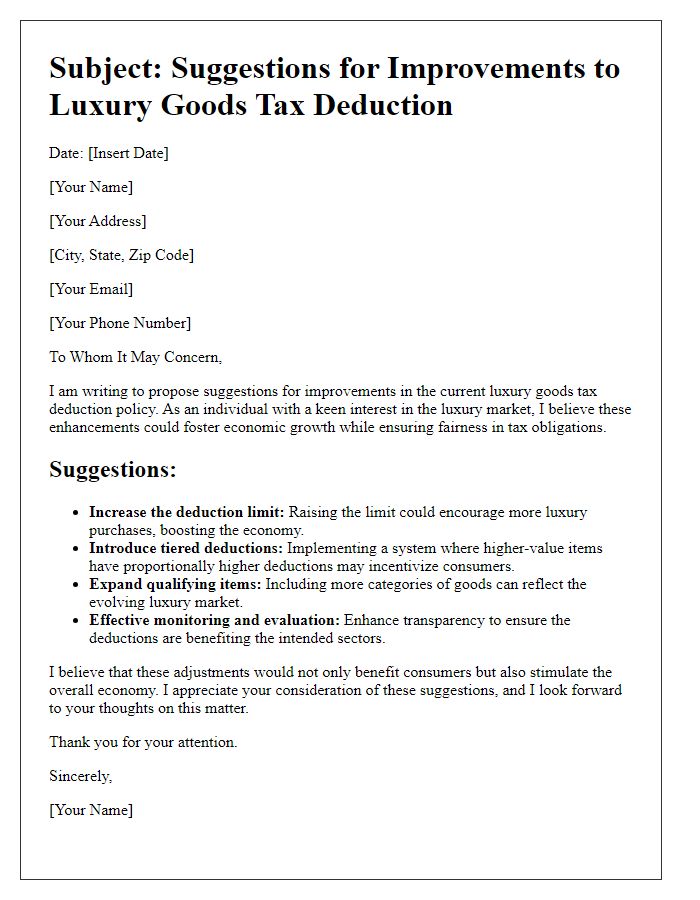 Letter template of suggestion for luxury goods tax deduction improvements.