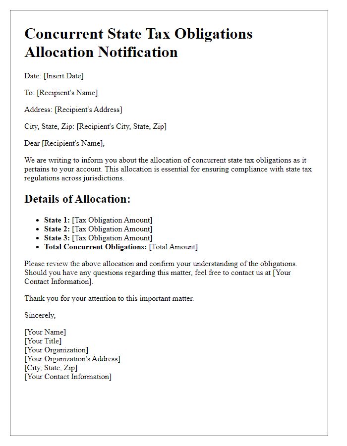 Letter template of concurrent state tax obligations allocation