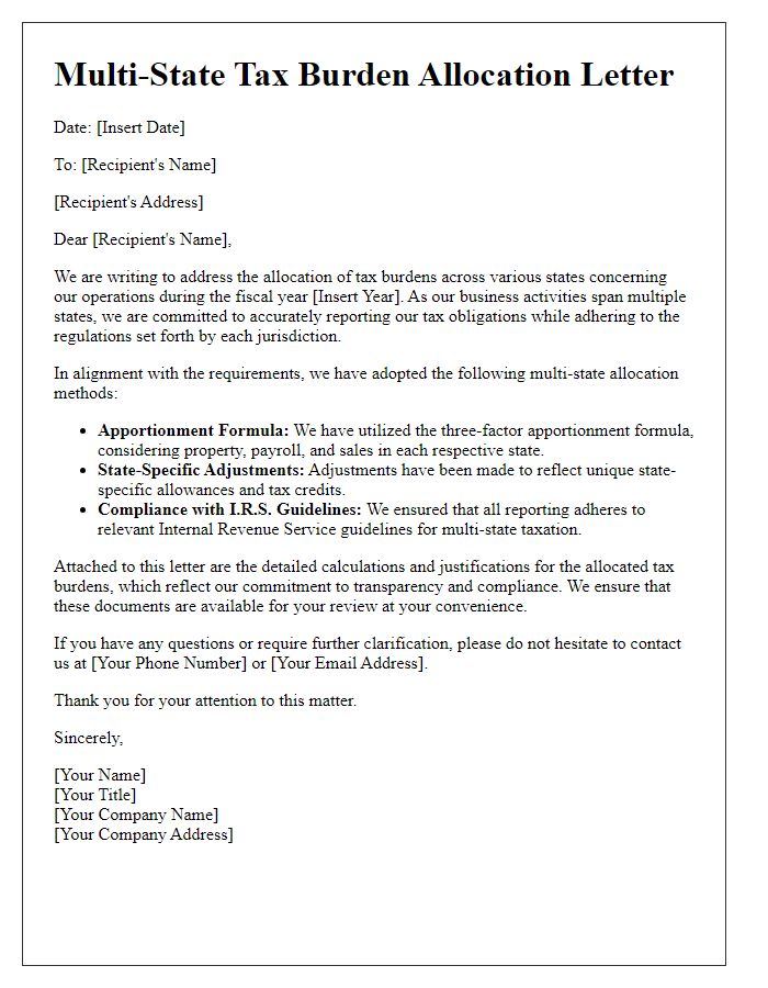 Letter template of multi-state tax burden allocation