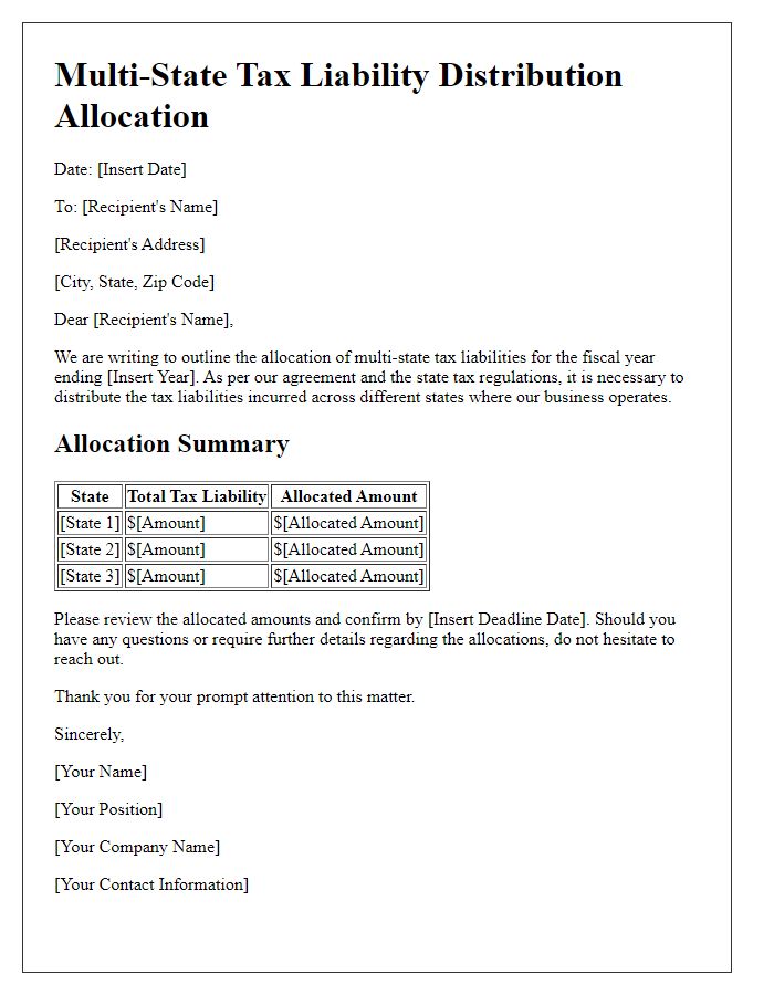 Letter template of multi-state tax liability distribution allocation