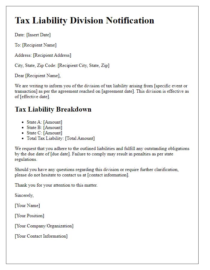 Letter template of tax liability division among states