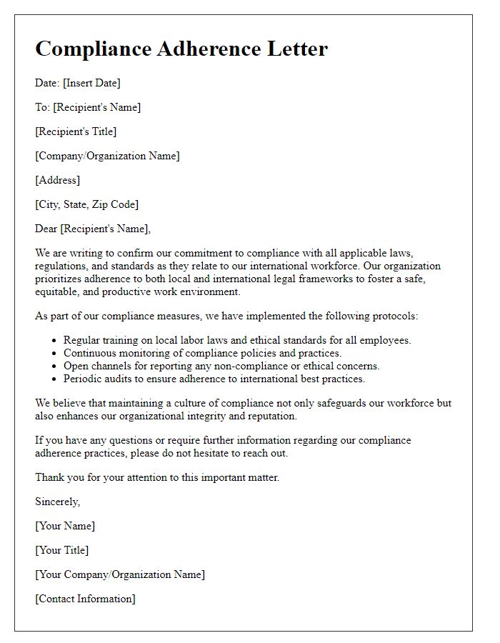 Letter template of compliance adherence for international workforce.