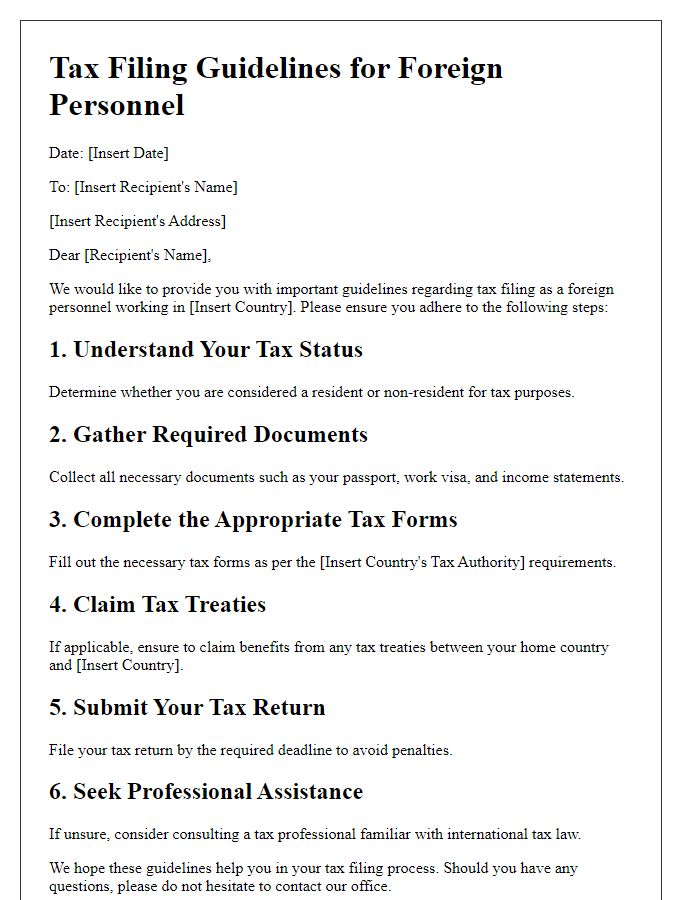 Letter template of tax filing guidelines for foreign personnel.