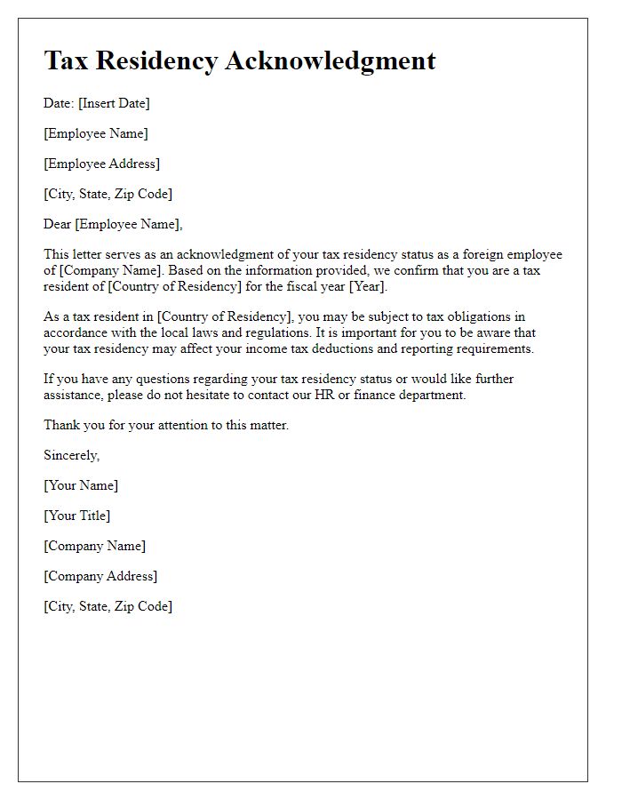 Letter template of tax residency acknowledgment for foreign employees.