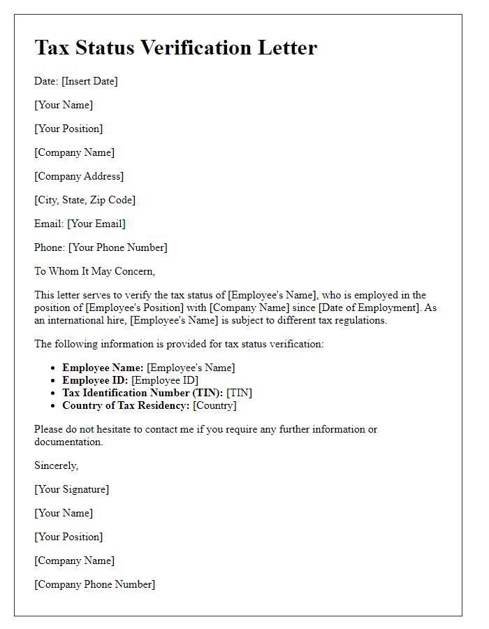 Letter template of tax status verification for international hires.