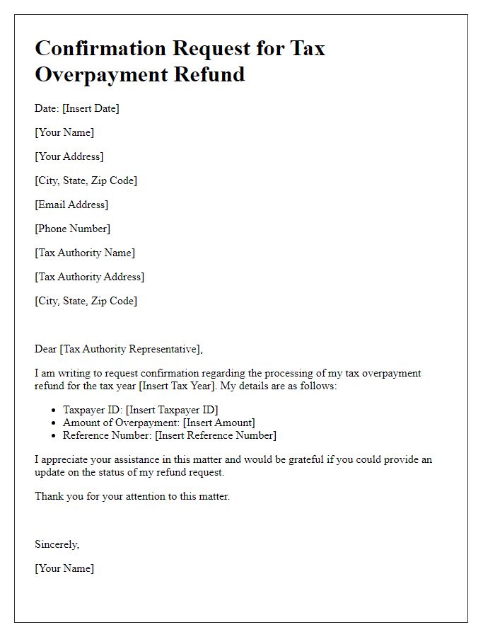 Letter template of confirmation request for processing tax overpayment refund