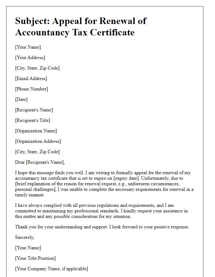 Letter template of appeal for accountancy tax certificate renewal