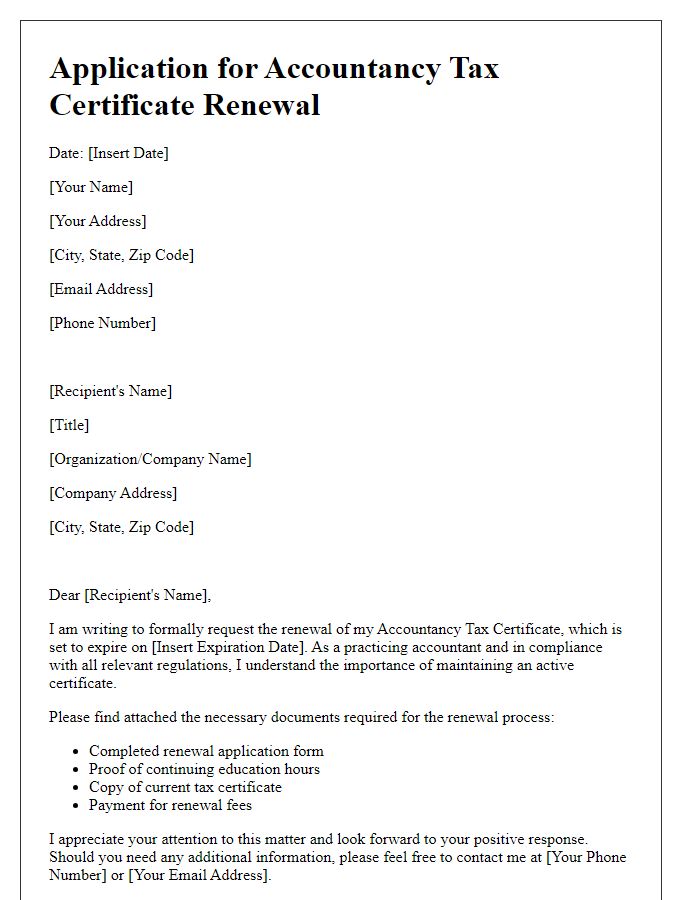 Letter template of application for accountancy tax certificate renewal