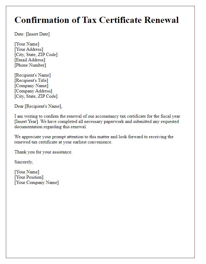 Letter template of confirmation for accountancy tax certificate renewal