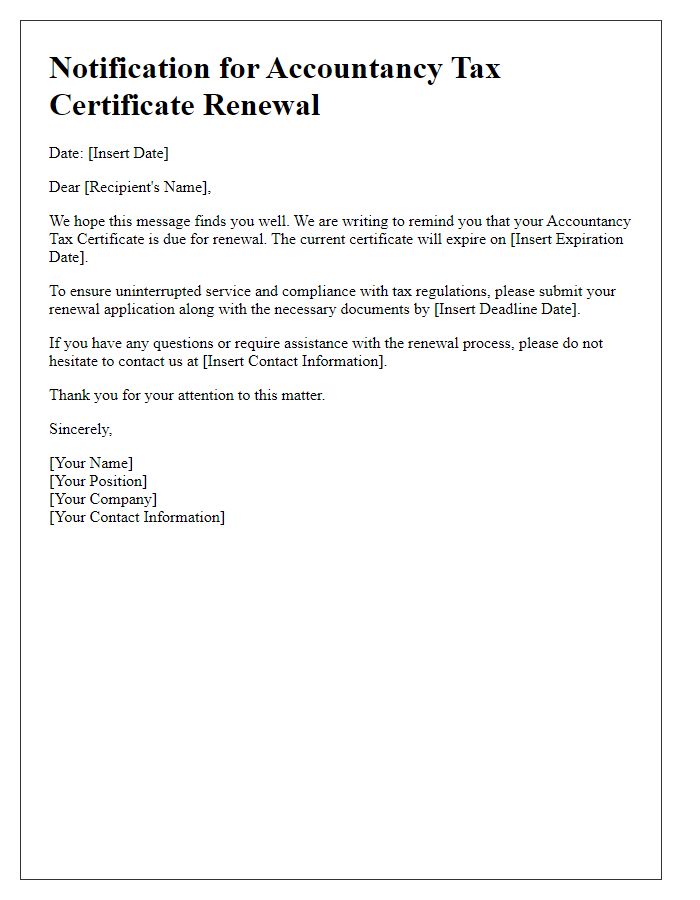 Letter template of notification for accountancy tax certificate renewal