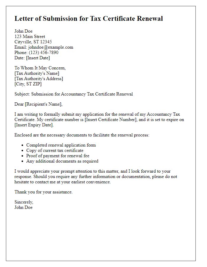 Letter template of submission for accountancy tax certificate renewal