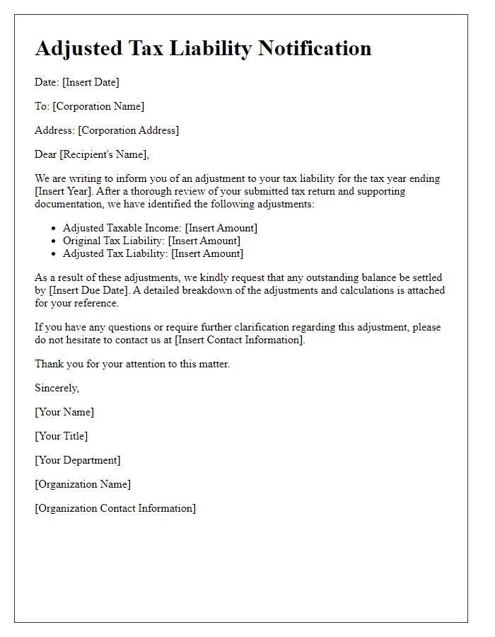 Letter template of adjusted tax liability for corporations.