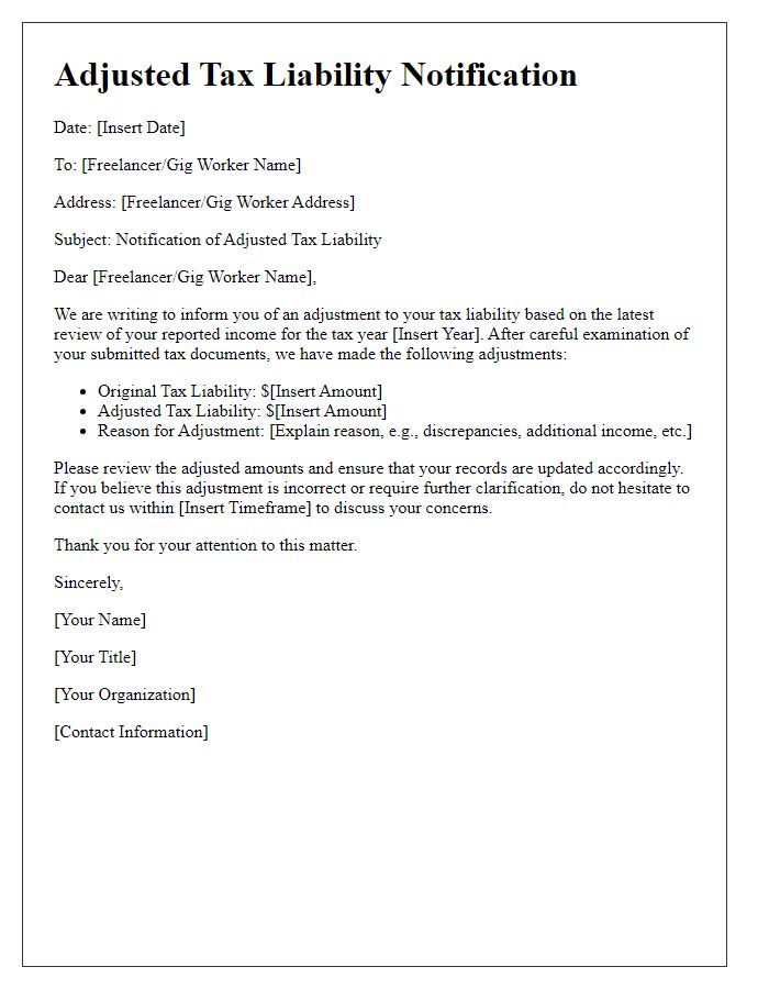 Letter template of adjusted tax liability for freelancers and gig workers.