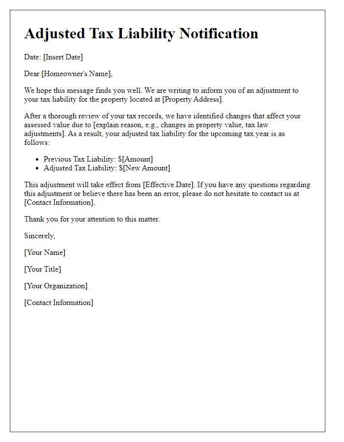 Letter template of adjusted tax liability for homeowners.