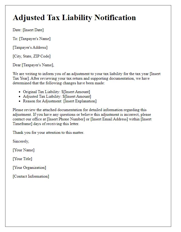 Letter template of adjusted tax liability for individual taxpayers.