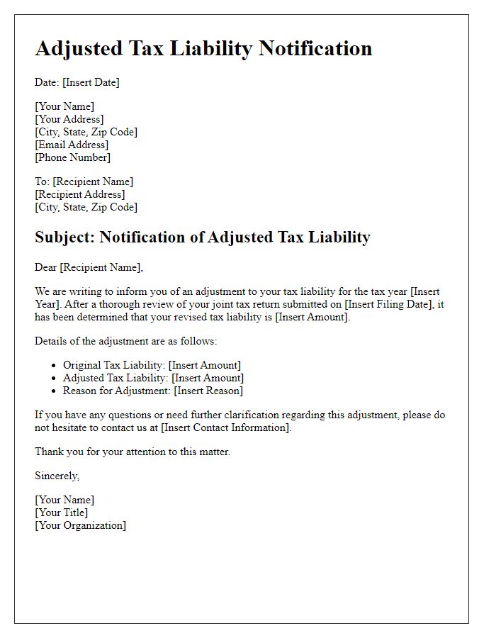 Letter template of adjusted tax liability for joint filers.