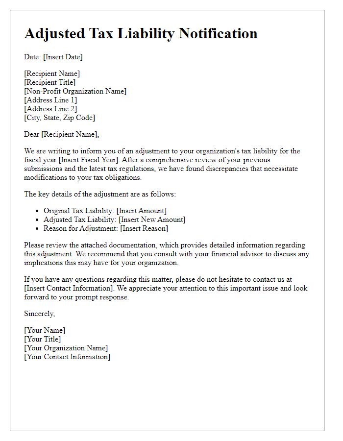 Letter template of adjusted tax liability for non-profit organizations.