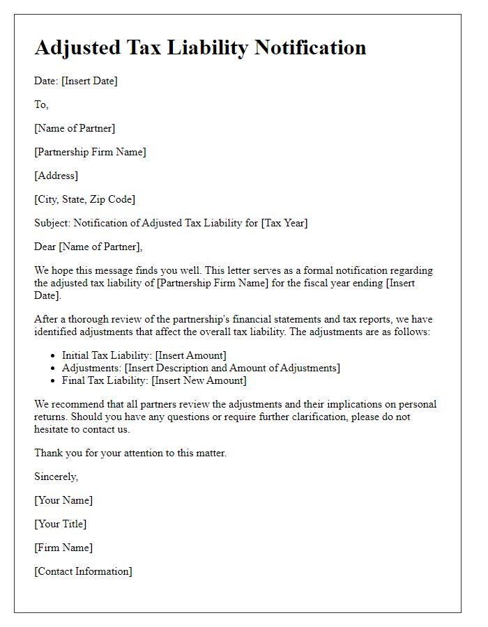 Letter template of adjusted tax liability for partnership firms.