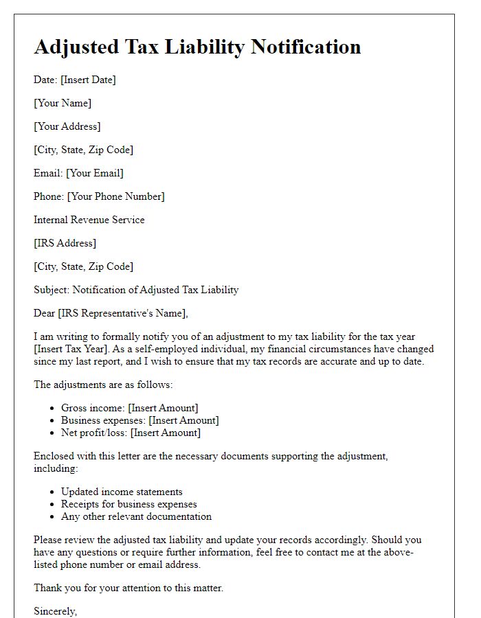 Letter template of adjusted tax liability for self-employed individuals.