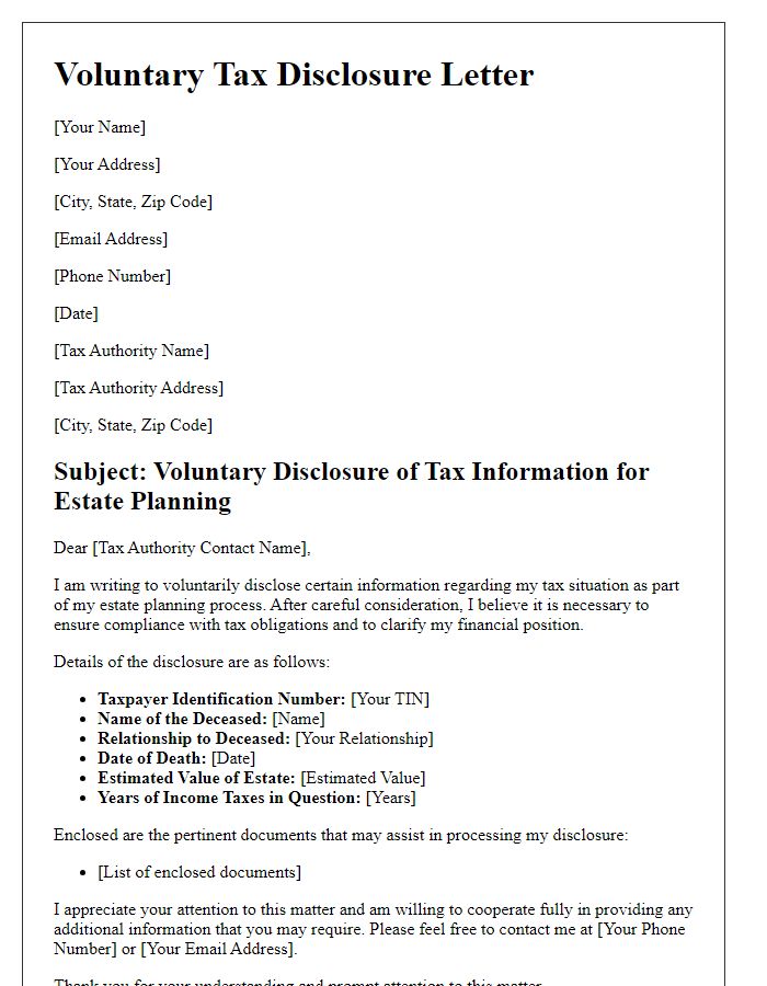 Letter template of voluntary tax disclosure for estate planning.