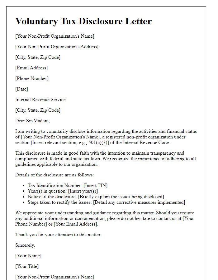 Letter template of voluntary tax disclosure for non-profit organizations.