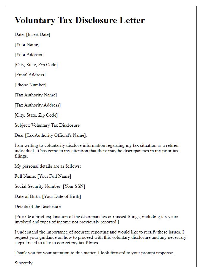 Letter template of voluntary tax disclosure for retired individuals.