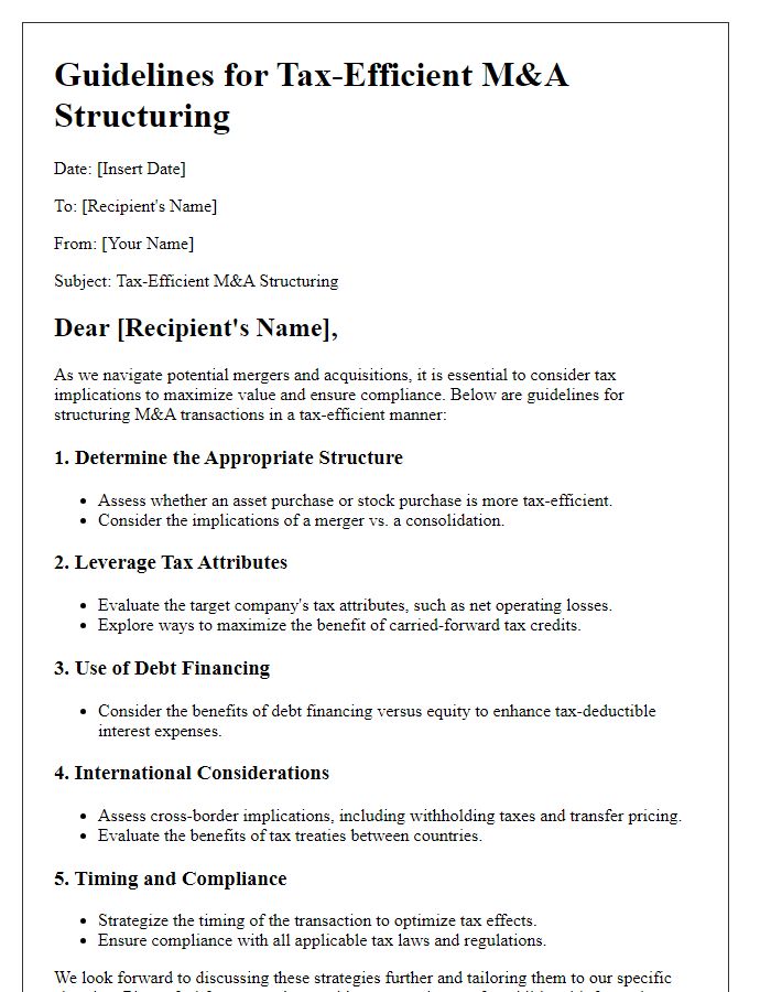 Letter template of guidelines for tax-efficient M&A structuring