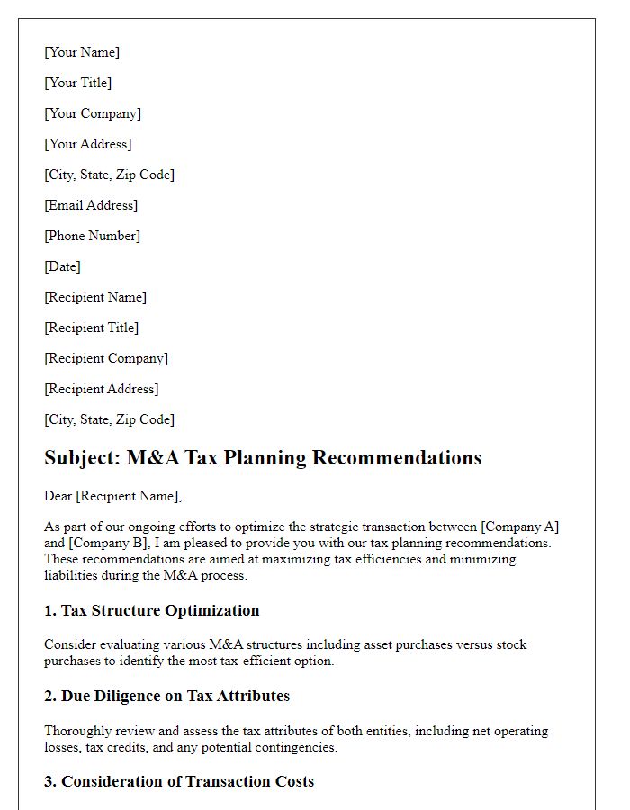 Letter template of M&A tax planning recommendations