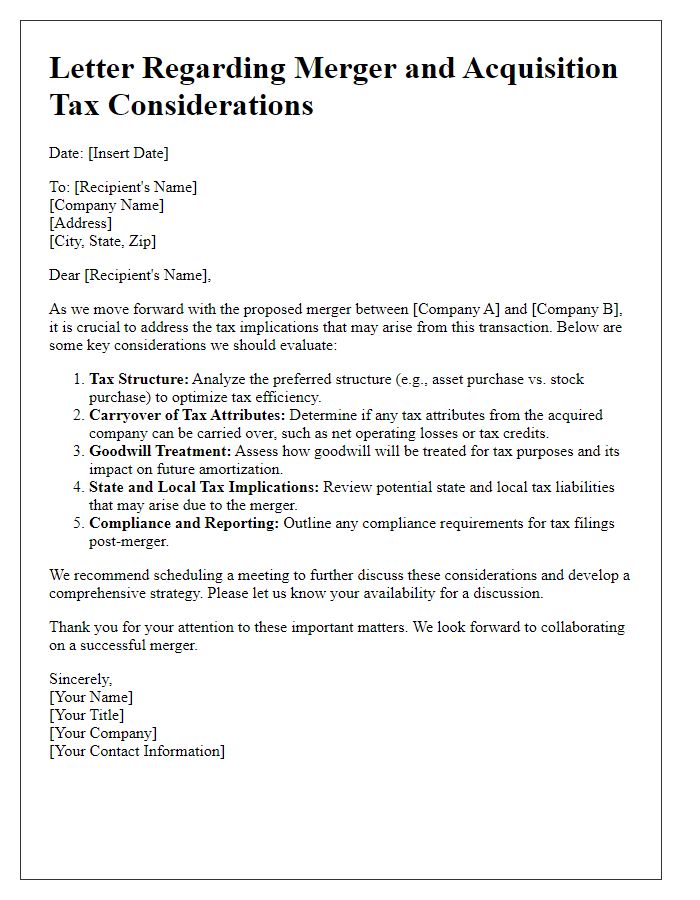 Letter template of merger and acquisition tax considerations