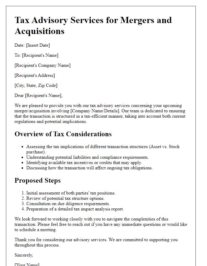 Letter template of tax advisory for mergers and acquisitions