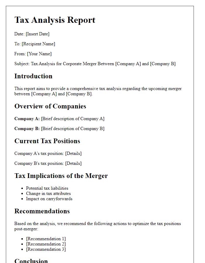 Letter template of tax analysis for corporate mergers