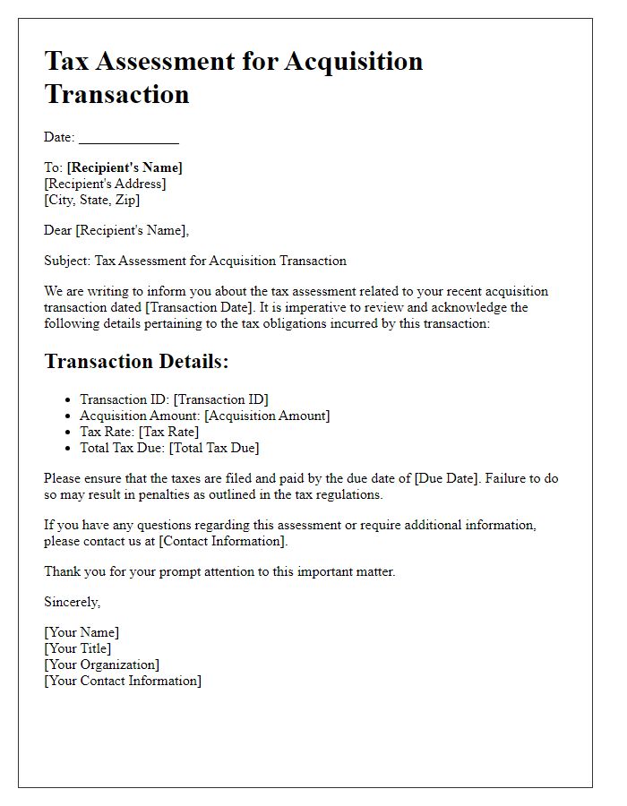 Letter template of tax assessments for acquisition transactions