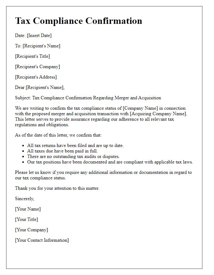 Letter template of tax compliance in merger and acquisition deals