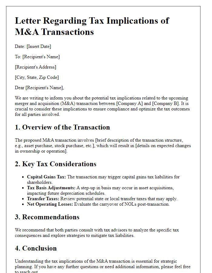 Letter template of tax implications for M&A transactions