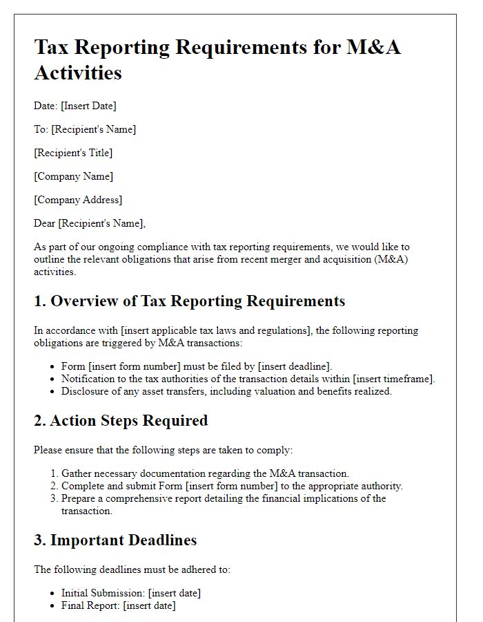 Letter template of tax reporting requirements for M&A activities