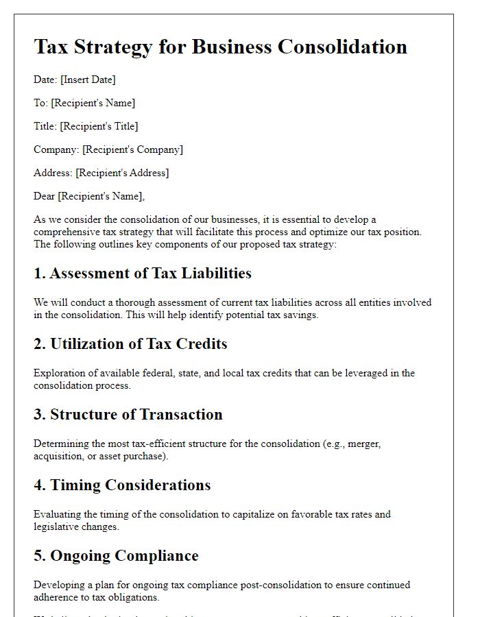 Letter template of tax strategy for business consolidation